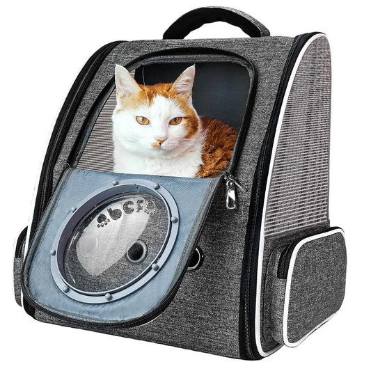 Cat backpack pet carrier backpack ventilated with safety leash & space capsule design - lightweight foldable for travel, outdoors & vet visits up to 6kg (Gray)