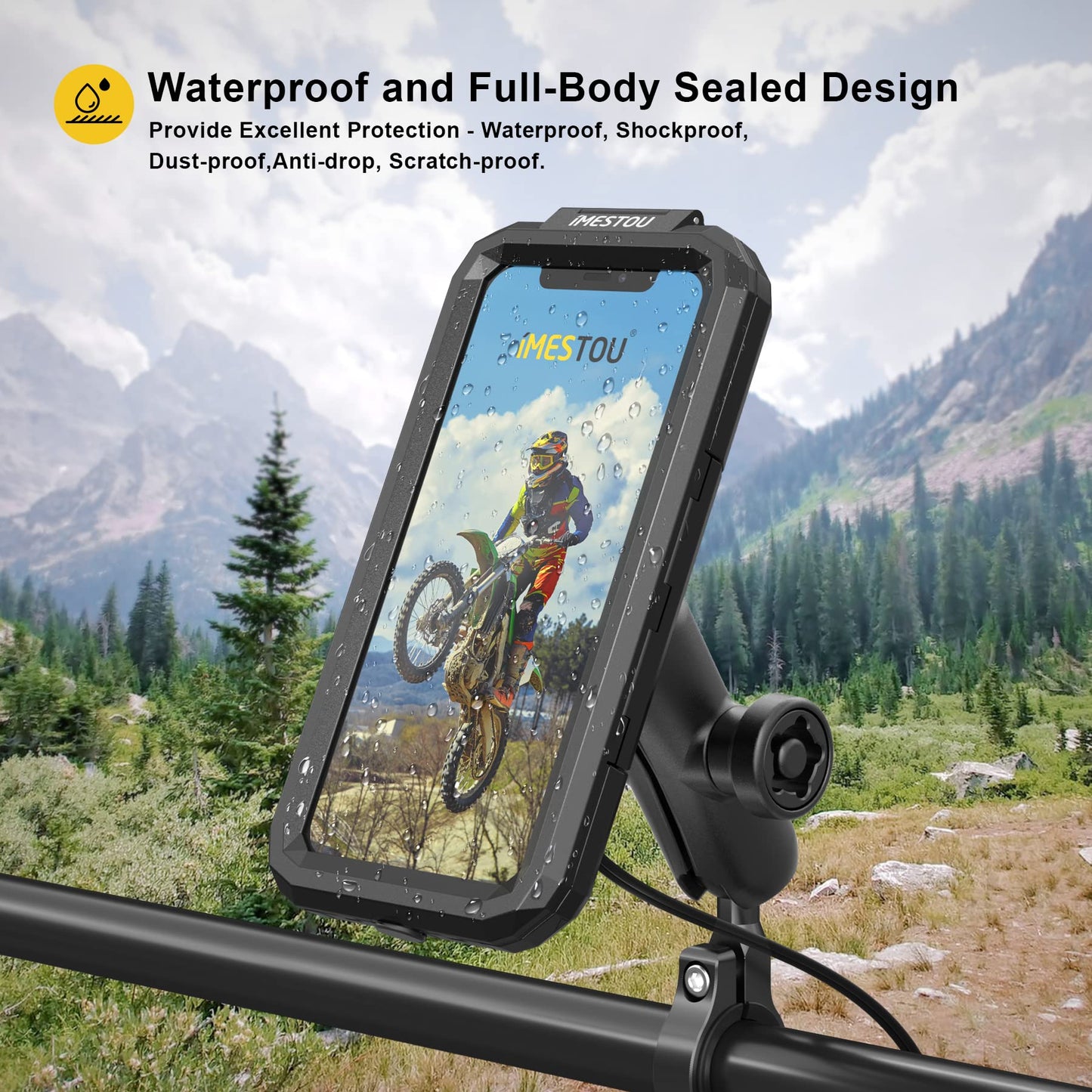iMESTOU waterproof motorcycle phone mount bike phone holder 1" ball handlebar stem mobile holder anti-theft 720° rotation aluminum base for 5.5"-6.8" cellphones (L)