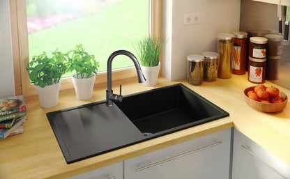PRIMAGRAN granite sink black 90x50cm, granite sink 1 bowl + drain set, kitchen sink from 60cm base cabinet - Ibiza S034