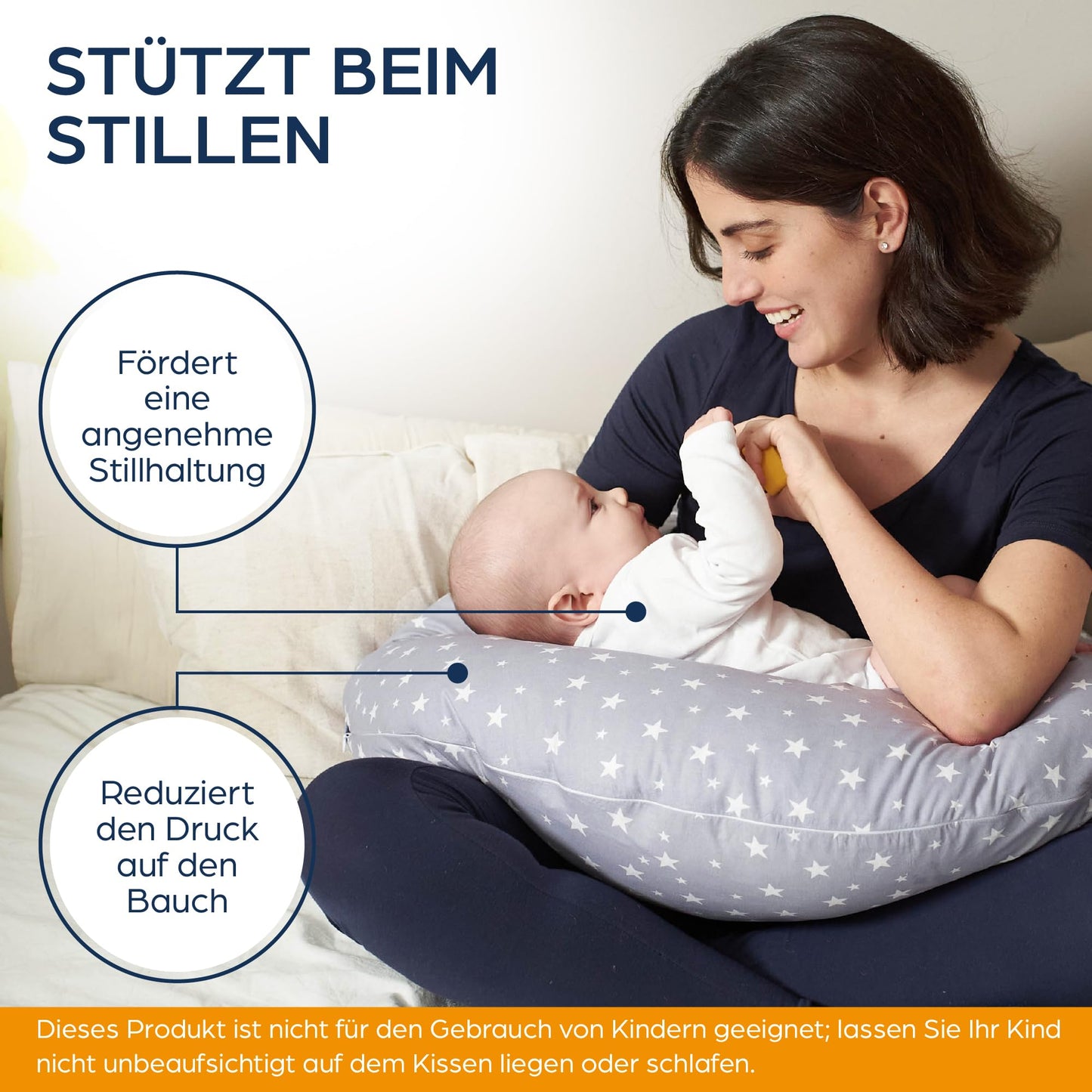 Niimo XXL 2-in-1 Pregnancy Pillow & Nursing Pillow - 100% cotton cover with fiber filling, 100% washable, ergonomic & multifunctional, Grey with white stars (200 x 70 cm)