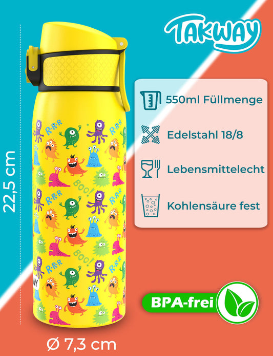 TAKWAY stainless steel water bottle for kids 550ml - Leak-proof, insulated and suitable for carbonated drinks - Ideal for school, sports (Monster)
