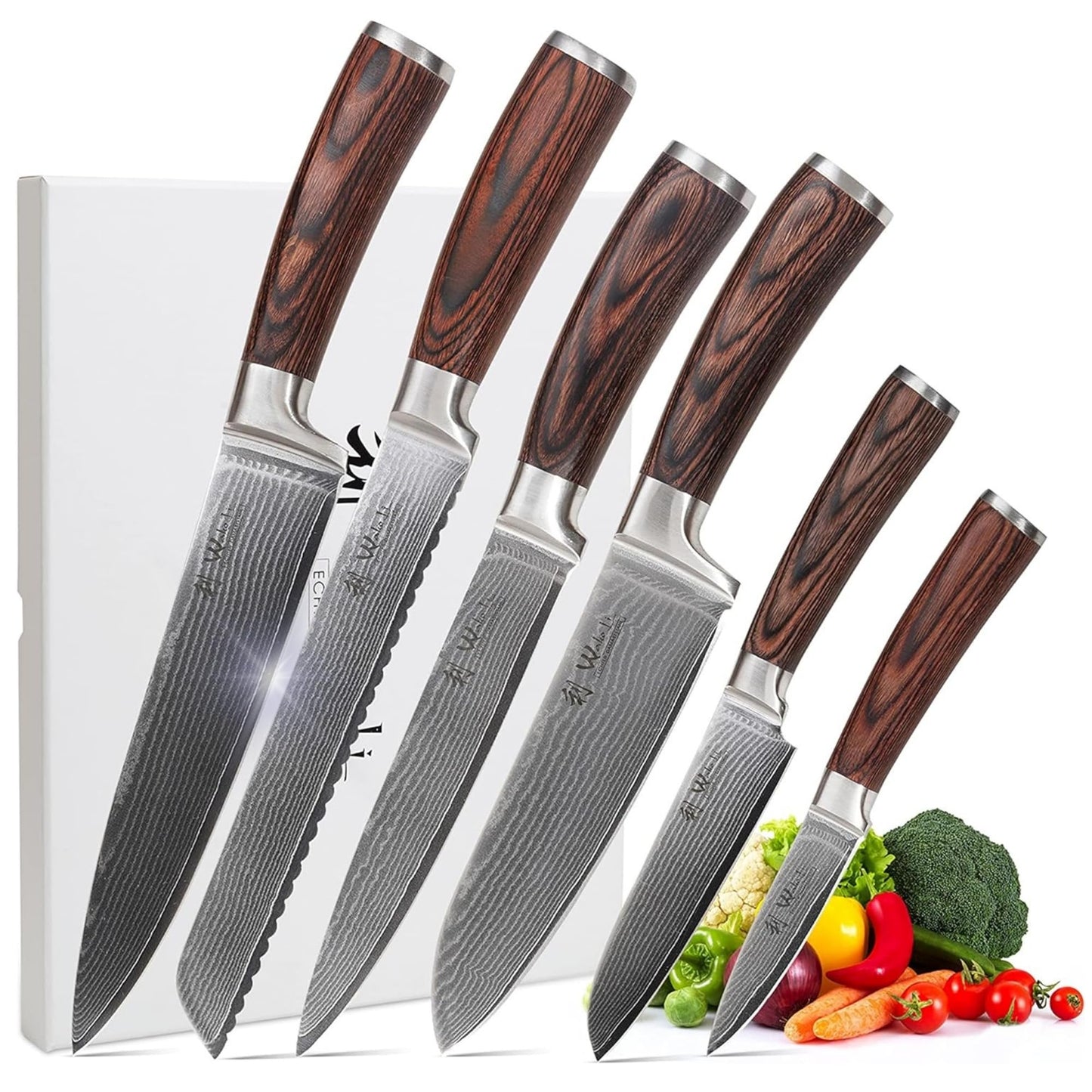 Wakoli EDIB 6-piece damascus knife set I Sharp kitchen knife set made of 67 layers of damascus steel with VG10 core & pakka wood handle I Chef's knife set in gift box I precise cutting & long-lasting sharpness