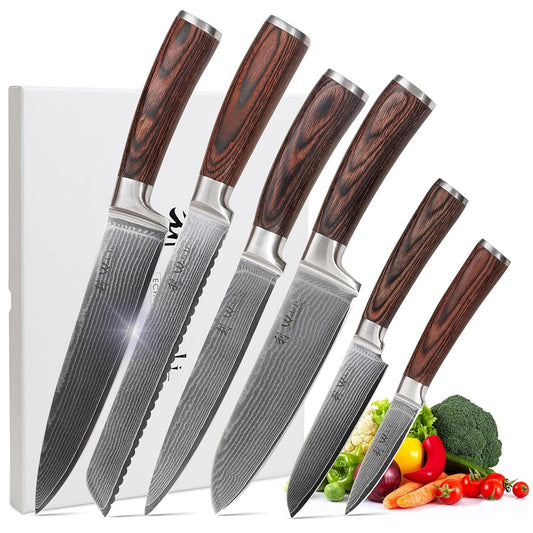 Wakoli EDIB 6-piece damascus knife set I Sharp kitchen knife set made of 67 layers of damascus steel with VG10 core & pakka wood handle I Chef's knife set in gift box I precise cutting & long-lasting sharpness