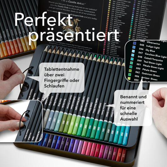 Castle Art Supplies 72 Colored Pencil Set | High-quality color cores with soft leads for experienced artists, professionals, and colorists | Protected and organized in a metal presentation box