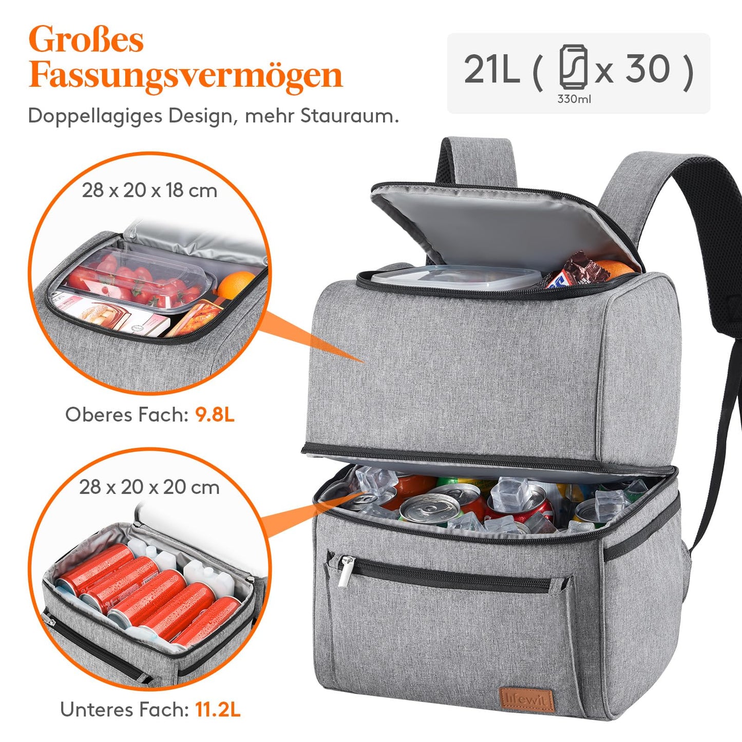 Lifewit 21L Insulated Cooler Bag, Thermo Lunch Tote, Cooler Backpack, Leakproof Double Decker Cooler Bag for Men, Women, Moms for Lunch, Picnic, Shopping, Travel, Grey