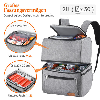 Lifewit 21L Insulated Cooler Bag, Thermo Lunch Tote, Cooler Backpack, Leakproof Double Decker Cooler Bag for Men, Women, Moms for Lunch, Picnic, Shopping, Travel, Grey