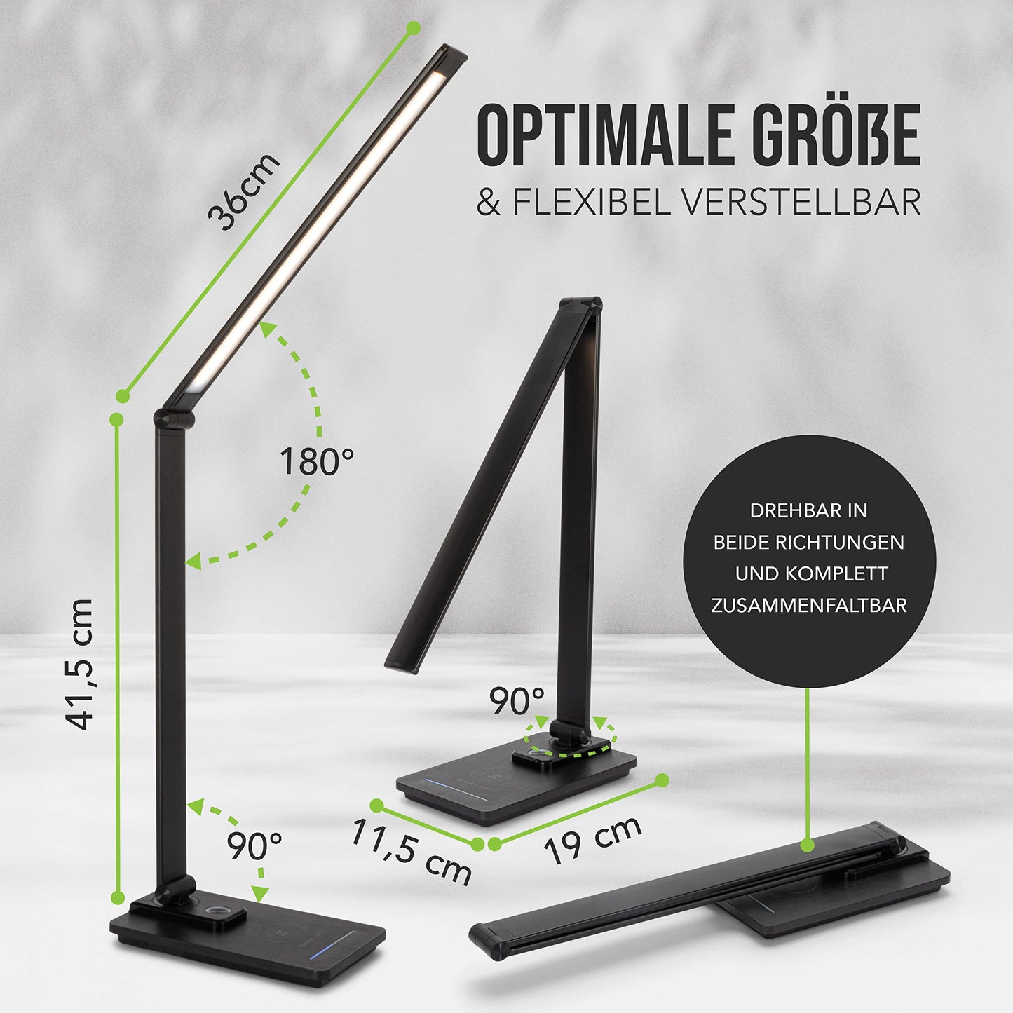 SMARTIVE | Design desk lamp with wireless charging function - LED office lamp with 10W wireless charging - eye-friendly dimmable light and cable-free charging | black desk lamp + USB output