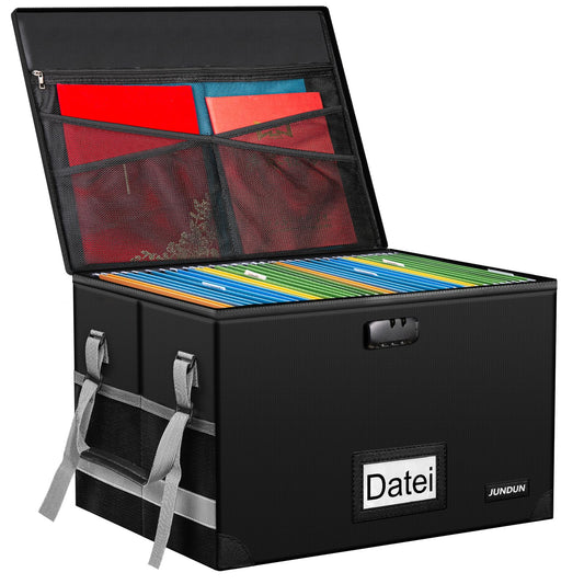 JUNDUN File Organizer Box with Lock, Foldable Fireproof Document Box with Water-Resistant Zipper and Lid, Portable Decorative Hanging File Box for Home/Office.