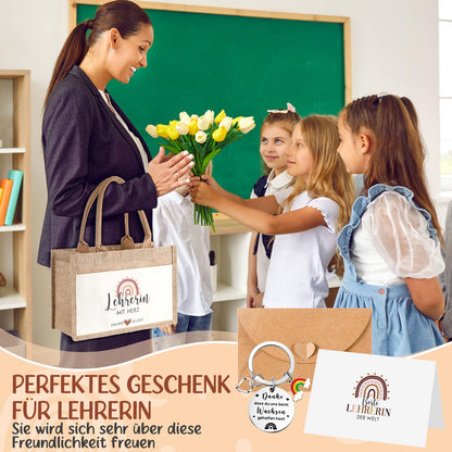 Tenare 4-piece Thank You Gifts for Teacher Day - Teacher Jute Handbag, Metal Teacher Keychain with Engraving, Rainbow Thank You Card with Envelope. Farewell to Educator for Graduation School.