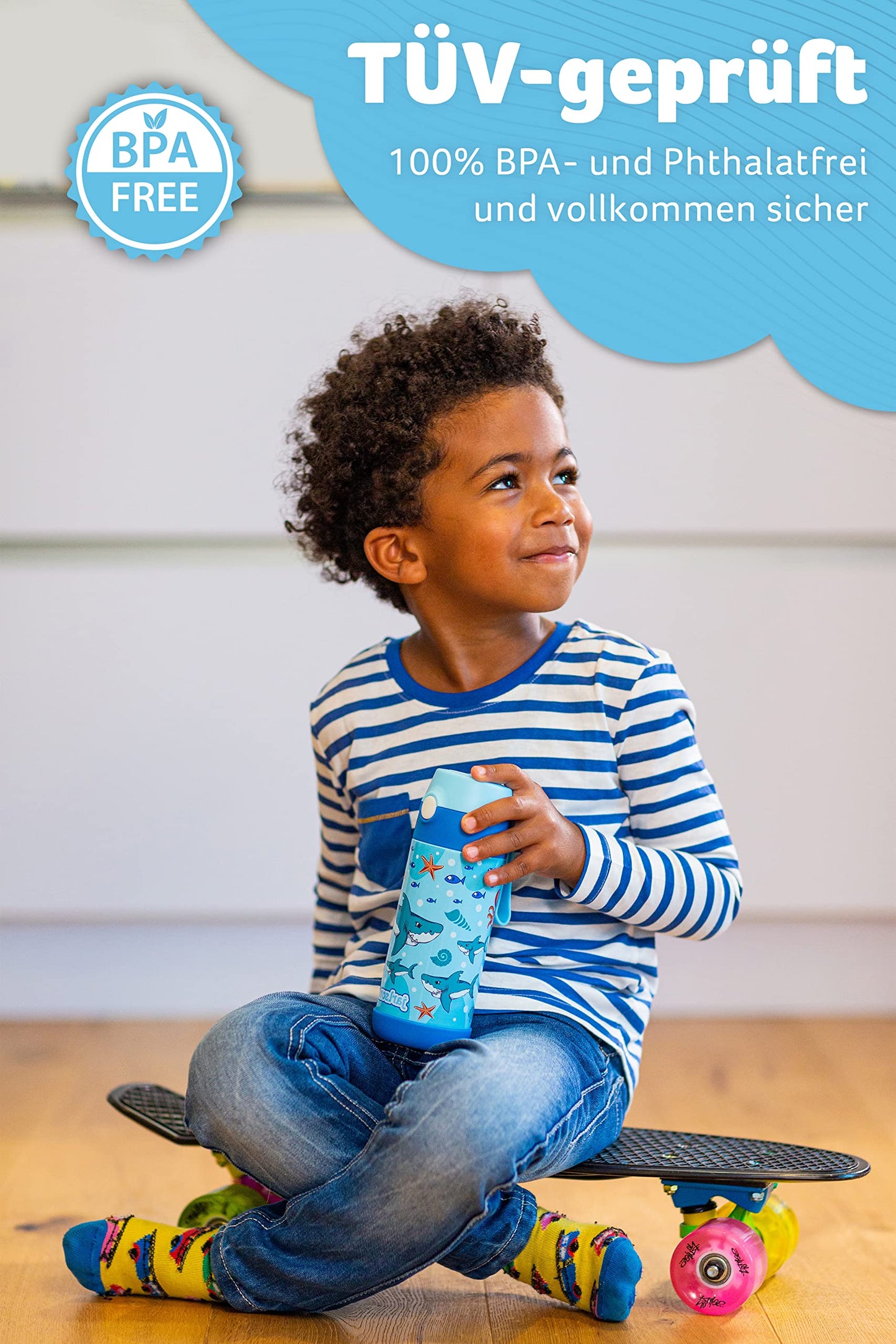 Jarlson® Stainless Steel Kids Water Bottle CHARLI with Straw - 350ml Thermos Flask - TÜV tested - BPA free - leak-proof - Insulated Water Bottle for School, Kindergarten (Sharks)