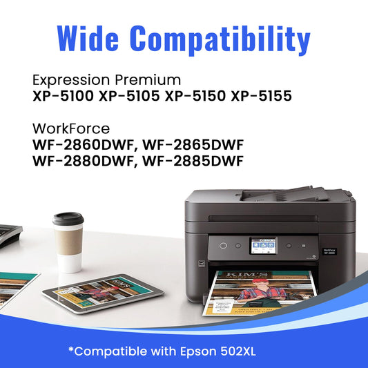 Cartridgeify 502XL printer cartridges are compatible with Epson 502 XL multipack, for Expression Home XP-5100 XP-5105 XP-5155 XP-5150, Workforce WF-2860 WF-2865 WF-2880 WF-2885 WF-2860DWF WF-2865DWF.
