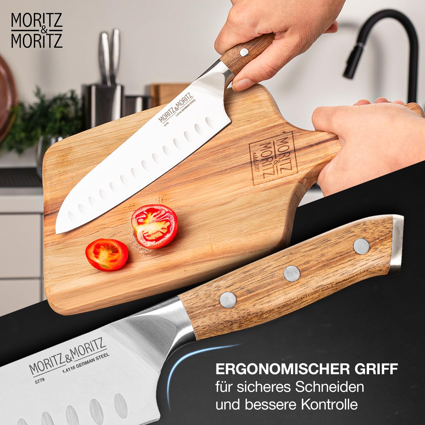 Moritz & Moritz Santoku Knife 18 cm - Professional chef's knife in Japanese style with extra sharp blade - Kitchen knife for meat, sushi etc. - Ergonomic acacia wood handle - German knife steel