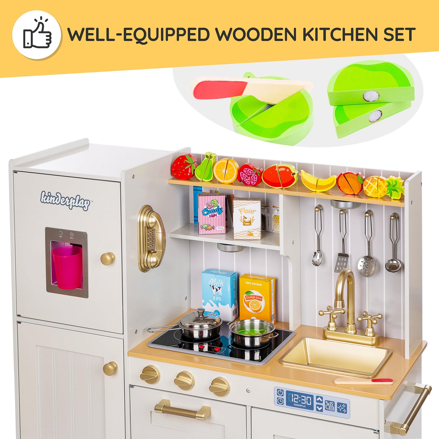 Children's Play Green Series wooden kitchen - Adjustable height play kitchen 89-103 cm - LED light & cooking sounds - With accessories, water dispenser, oven - For children aged 3 years and above