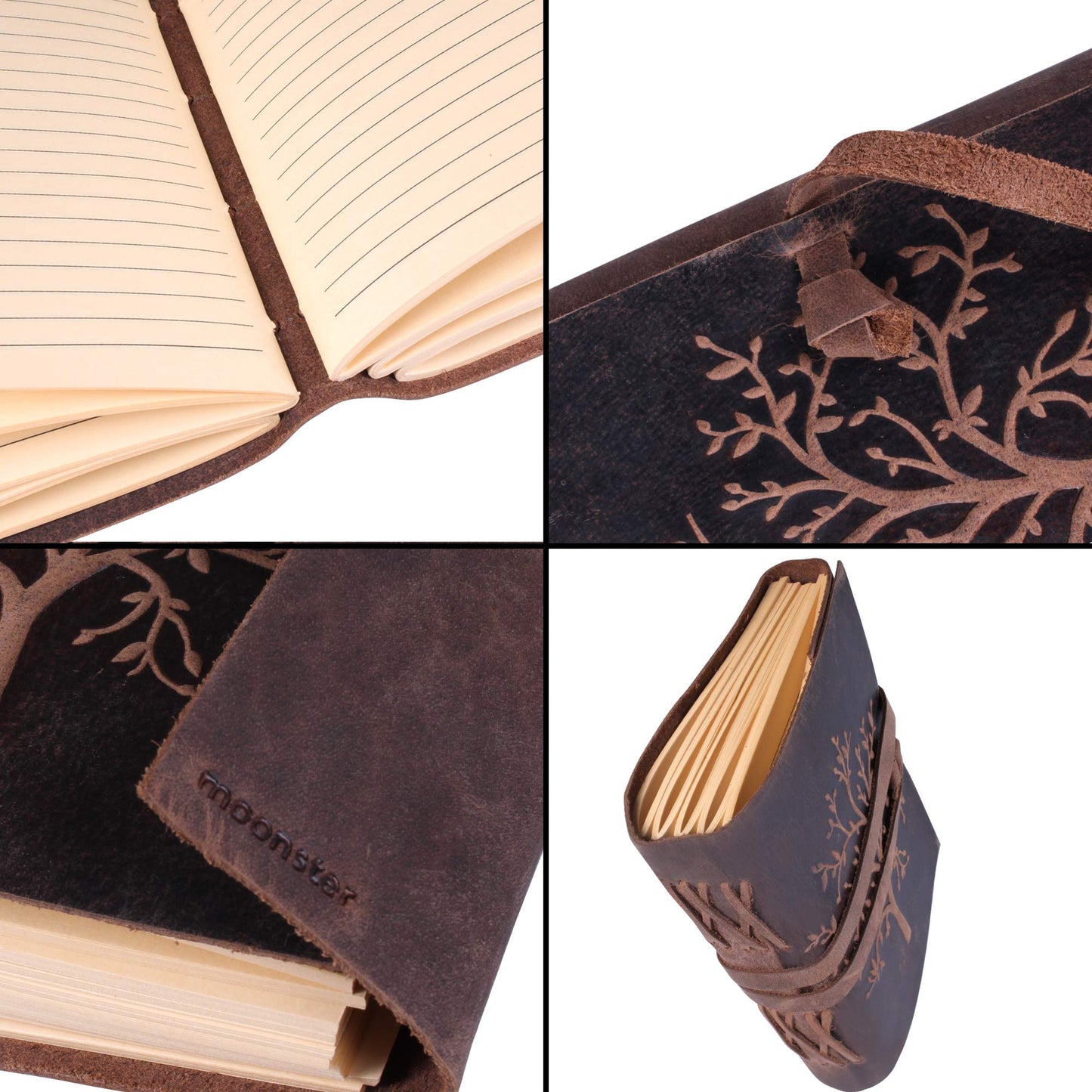 Moonster Leather Notebook Tree of Life - 400 Kraft Paper Pages Medium Wide Lined Leather Notebook, 20x15cm - Adult Lined Diary - Writer's Accessory - Journal - Condolence Book
