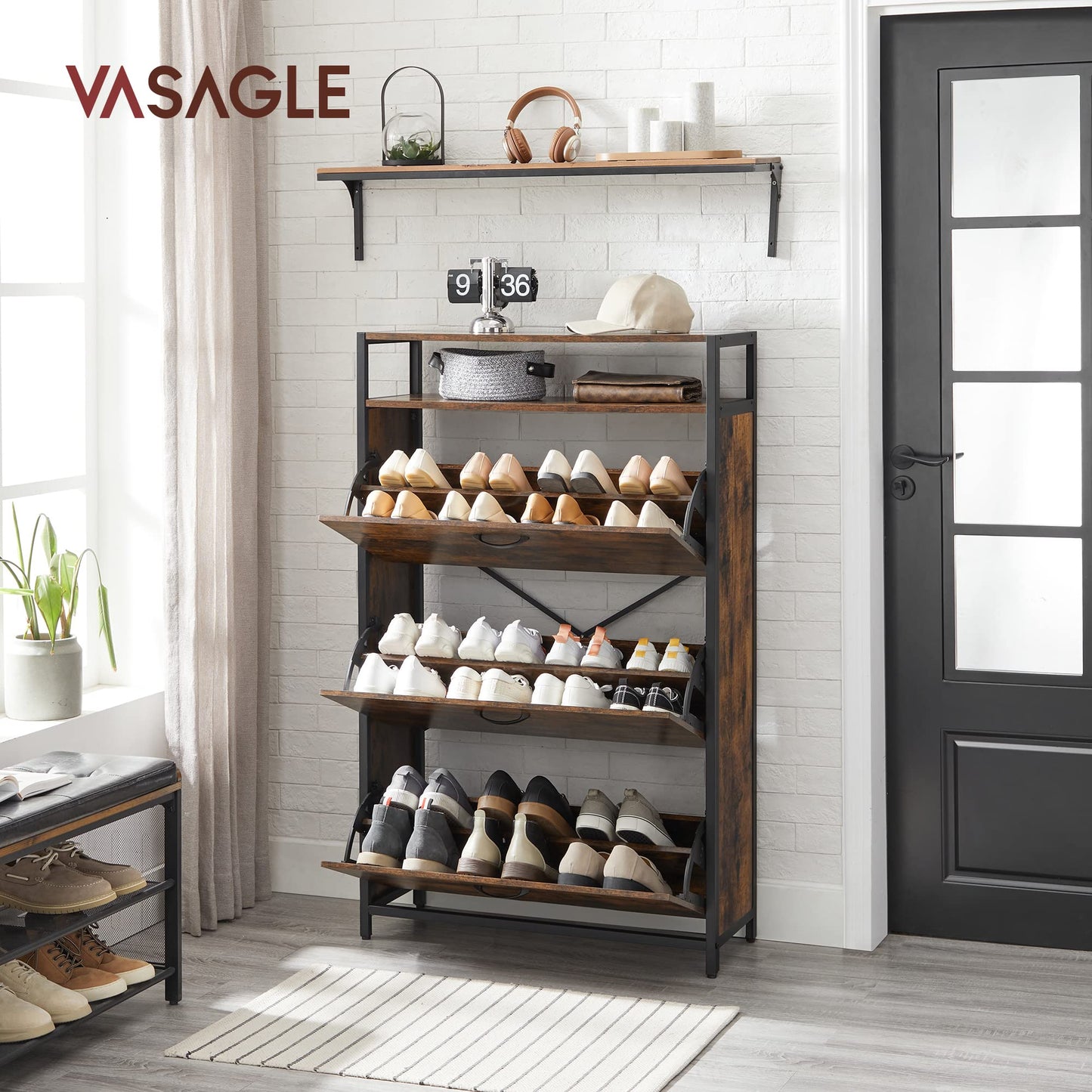 VASAGLE Shoe Cabinet, Slim Shoe Rack, Shoe Cupboard with 3 Flaps, for 15-24 Pairs of Shoes, Space-saving, Dustproof, 30 x 80 x 130 cm, for Hallway, vintage brown-black LBS802B01