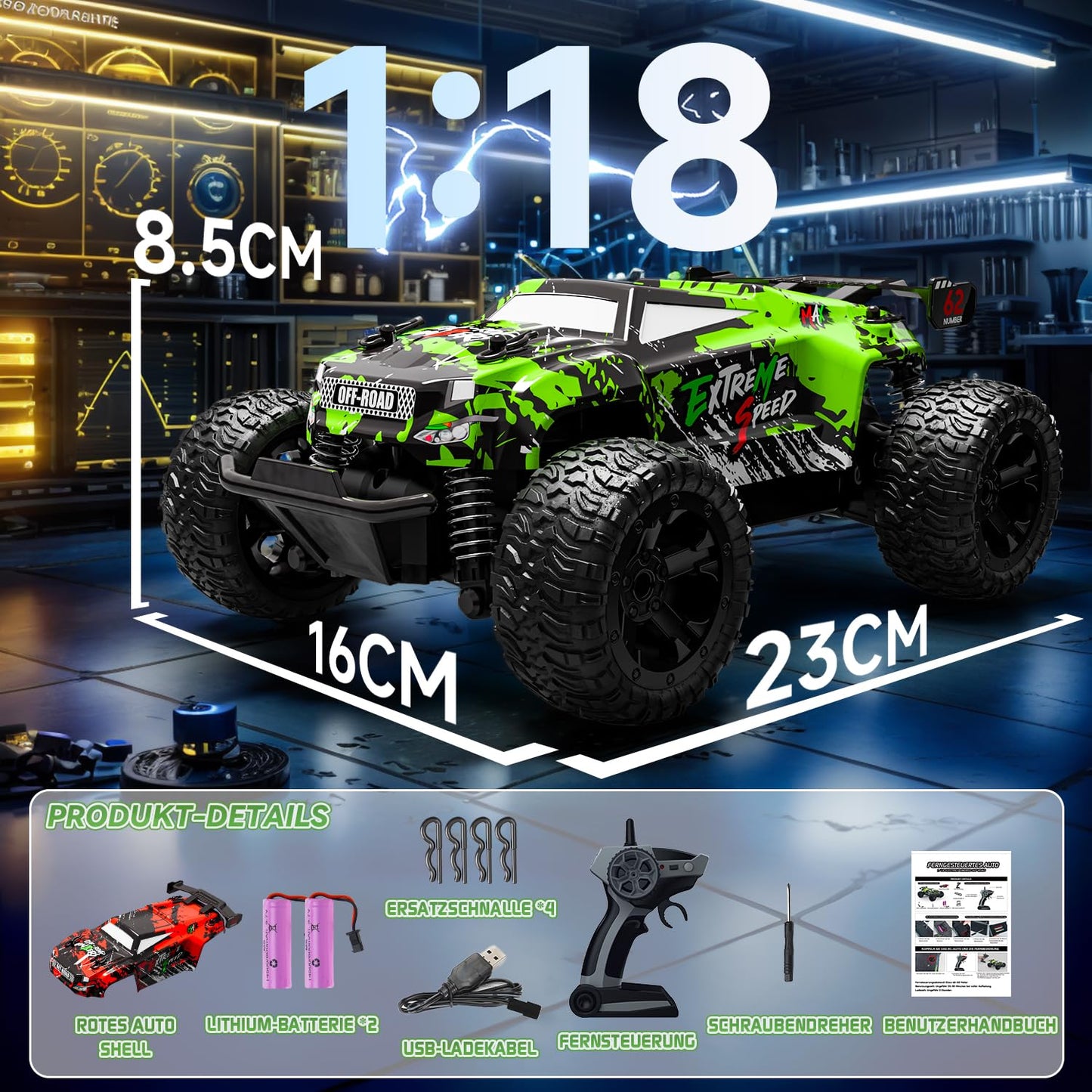 Remote-controlled car for ages 3 4 6 8 years, 1:18 Remote-controlled monster truck with body light/double shell. RC car for ages 3 4 6 8 years. Perfect gifts for boys and girls.