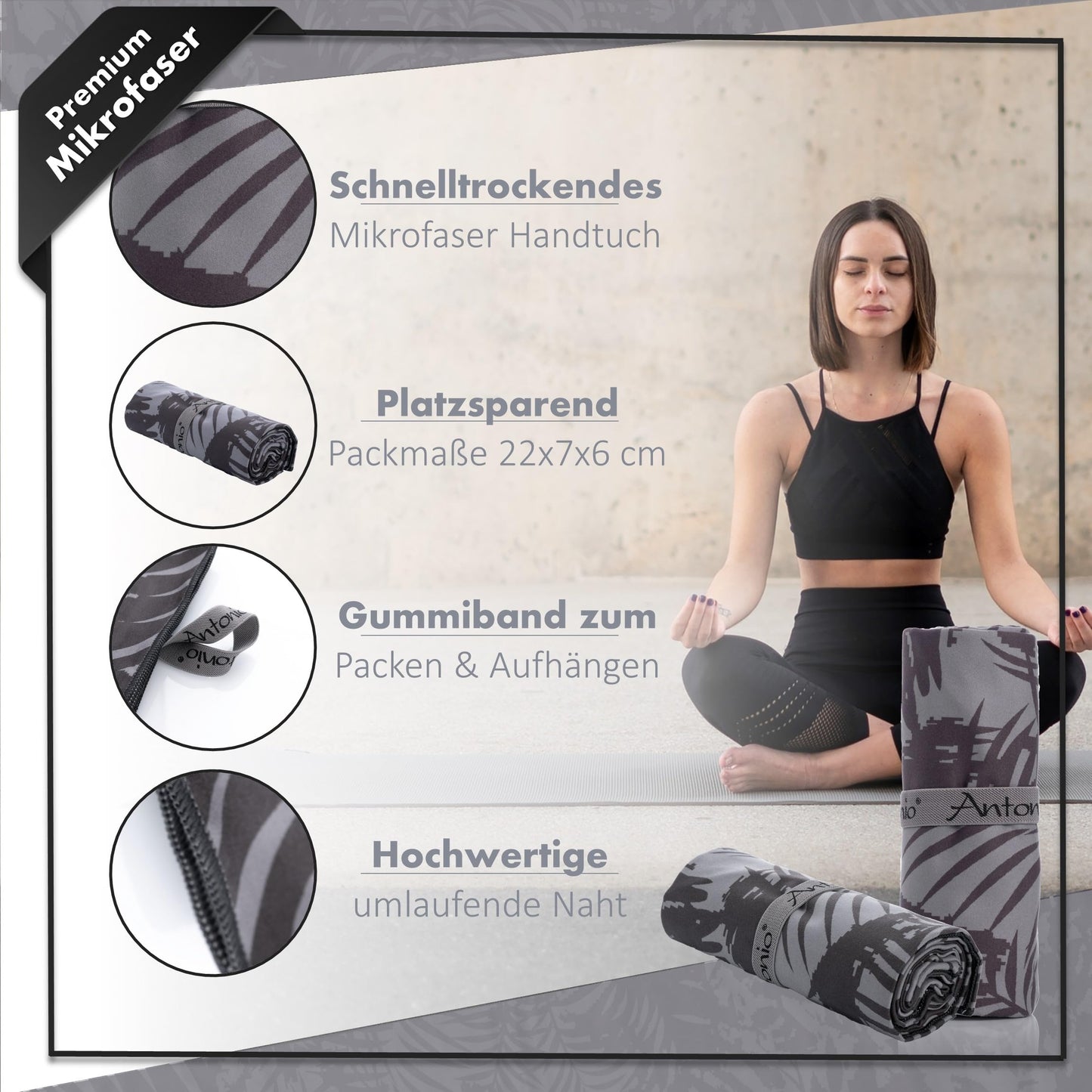 Antonio - Microfiber Beach Towel & Bath Towel XXL 160 x 80 cm Black - Women & Men Beach Towel & Bath Towel quick-drying lightweight large - Microfiber Towel Towels Yoga, Sports, On the Go.