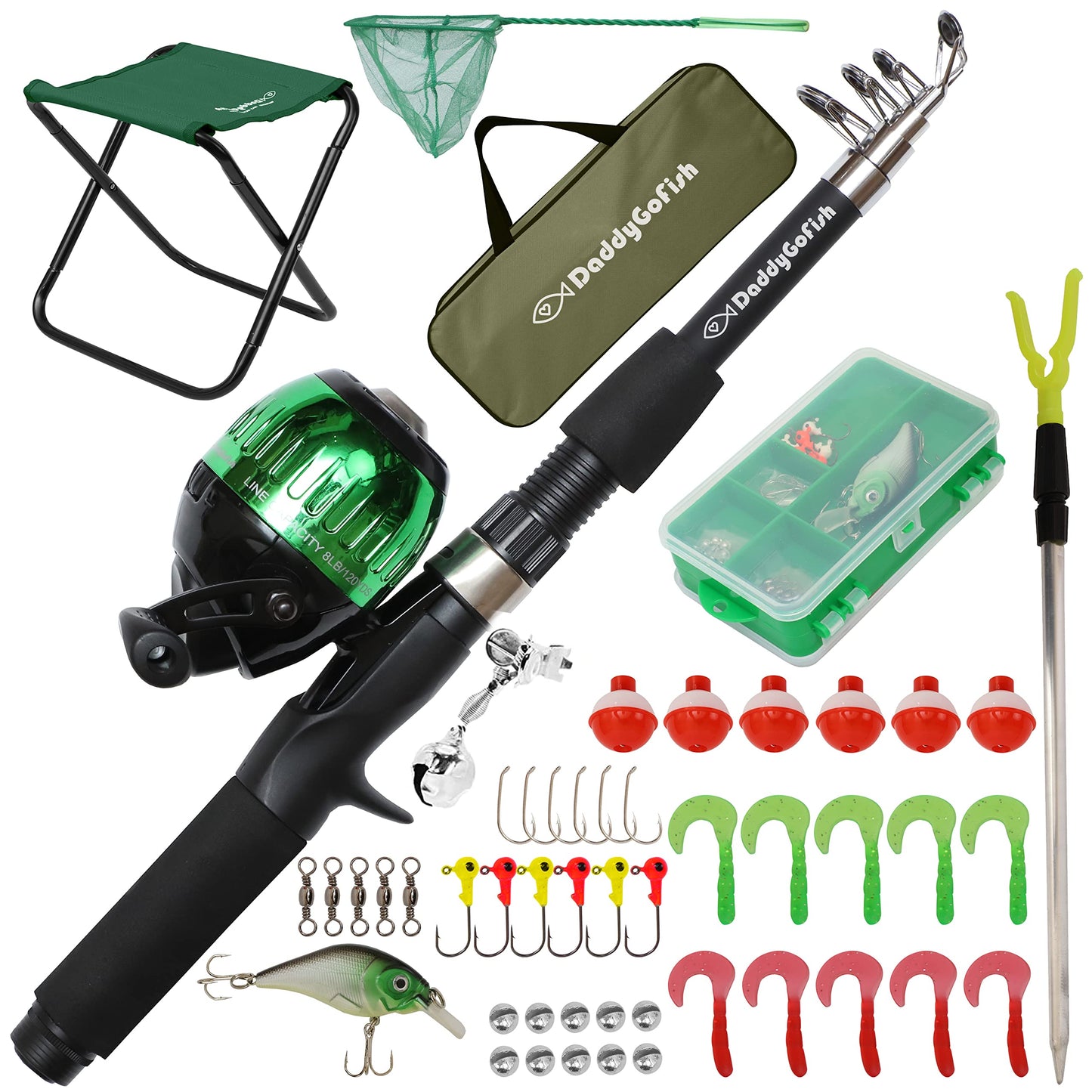 DaddyGoFish Kids Fishing Kit - Telescopic Rod & Reel Combo with Folding Chair, Rod Holder, Tackle Box, Bait Net, and Carry Bag for Boys and Girls - Green, 5ft