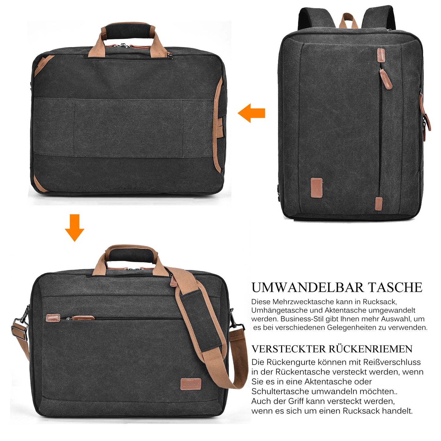 CoolBELL 17.3 inch Convertible Laptop Bag/Rucksack Messenger Bag Canvas Shoulder Bag Business Backpack Work Briefcase Multi-purpose Office Bag Notebook Bag for Laptop/Macbook/Men (Black)