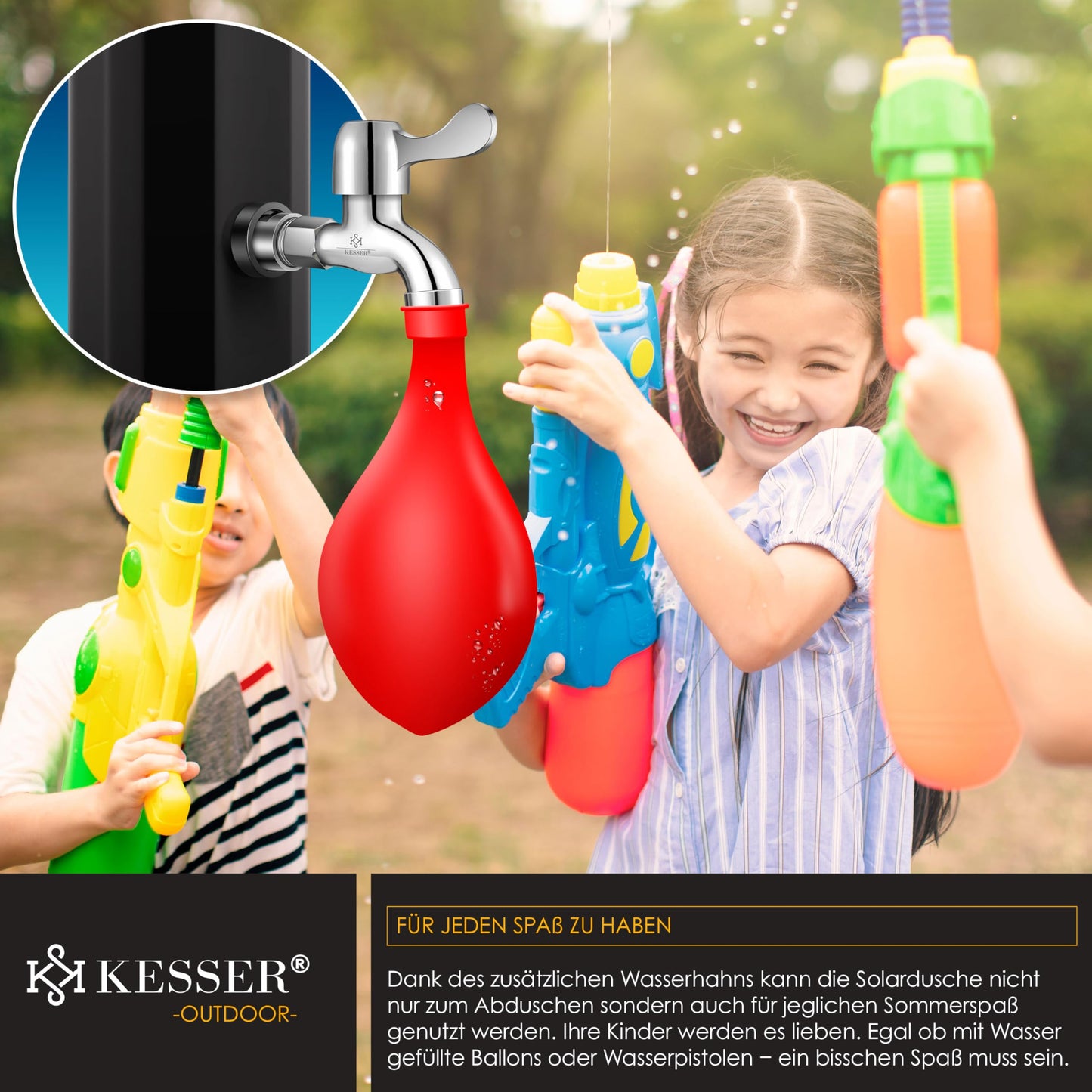 KESSER® 40-liter solar garden shower with metal shower tray & cover | warm water | max. 60°C | no need for electricity | poolside shower for camping | rain shower head and water tap | Black