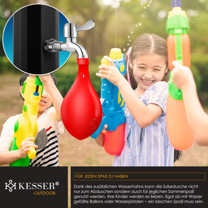 KESSER® 40-liter solar garden shower with metal shower tray & cover | warm water | max. 60°C | no need for electricity | poolside shower for camping | rain shower head and water tap | Black