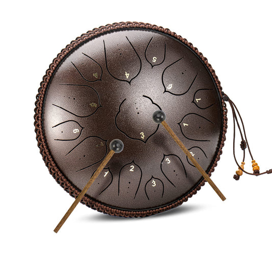 Amkoskr Steel Tongue Drum, 14-inch 35 cm Steel Tongue Drum, D major 15 notes, hand drum HandPan Drum with drumsticks/carrying bag (bronze)