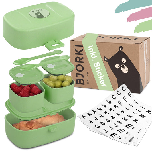 BJORKI® Bento Box for Kids with FREE name sticker - Leak-proof lunchbox with compartments - Sustainable lunchbox for kindergarten & school - The snack box for on the go. (Pastel Green)
