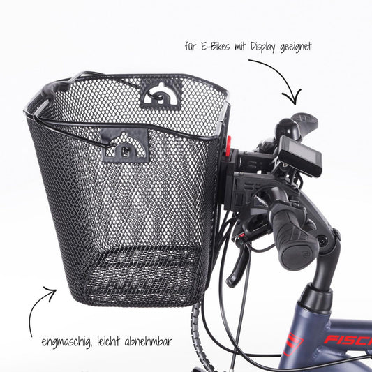 Fischer E-Bike handlebar basket with quick attachment, specifically designed for E-Bikes, carrying capacity of 5kg, suitable for all common displays with a width of 9 cm, including Bosch displays, black.
