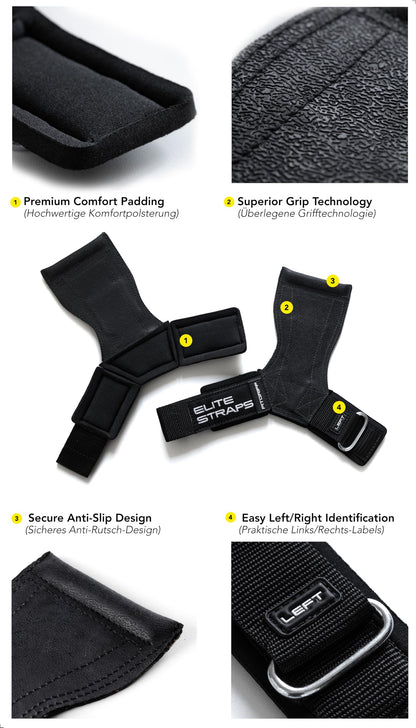 Fitgriff® Elite Straps 2.0 - Lifting aids with rubber pad for strength training - Bodybuilding, Fitness, Gym - Lifting Straps - for women and men (Black, XL)