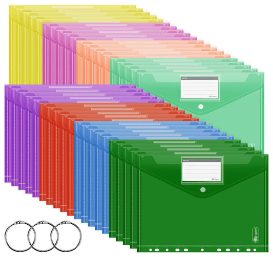 A4 document holder for filing 40 pieces, [Wider Sizes] 8 colors document wallet folders A4 button file bag with 11 hole edge and label pocket, collecting folders for office school home.