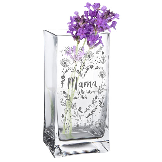 Flower vase for mom: Engraved vase, Mother's Day gift, Square glass vase for the best mom, Flower heart decor vase as a gift for mom, Modern tulip vase, Glass table decoration, Birthday gift