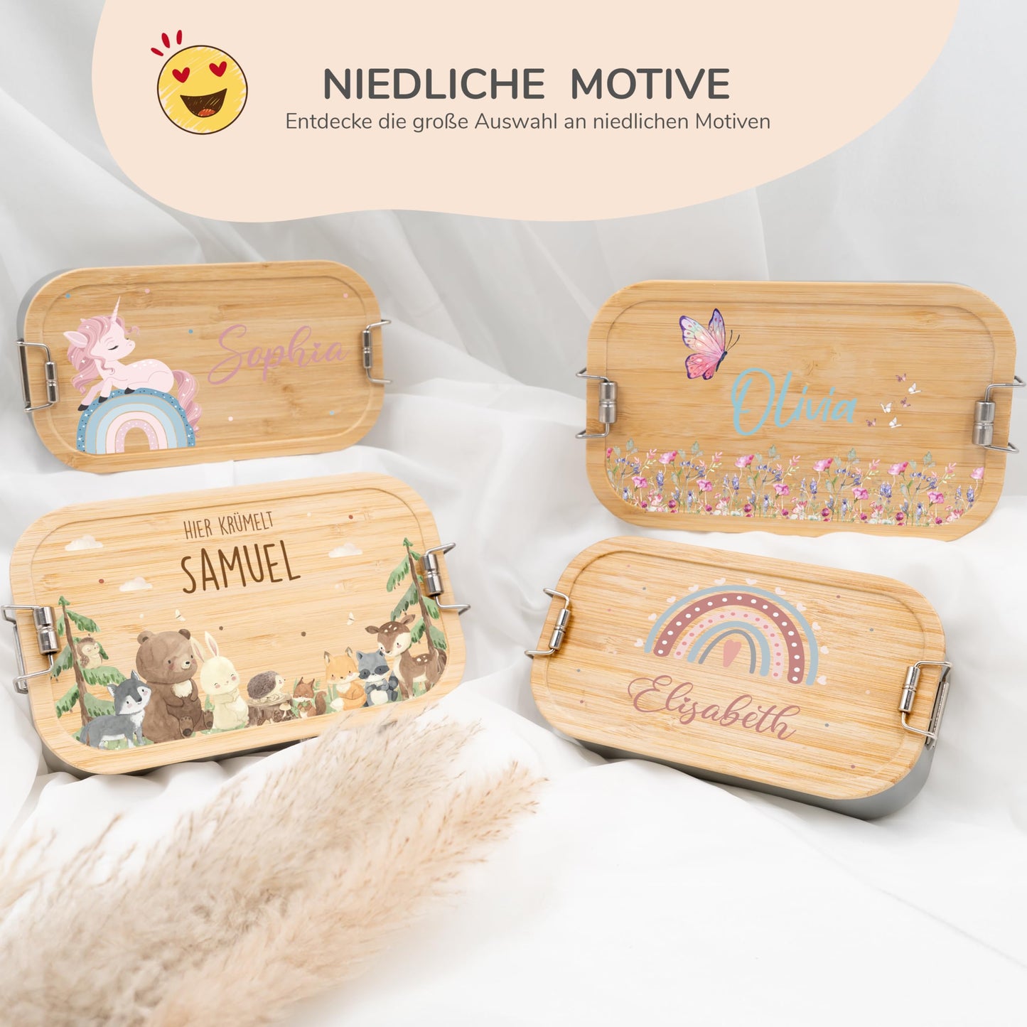 Kidsmood - Personalized lunchbox for kids with compartments, stainless steel container with bamboo lid. Printed without harmful substances, featuring cute animal design and name. Perfect gifts for girls & boys starting school.