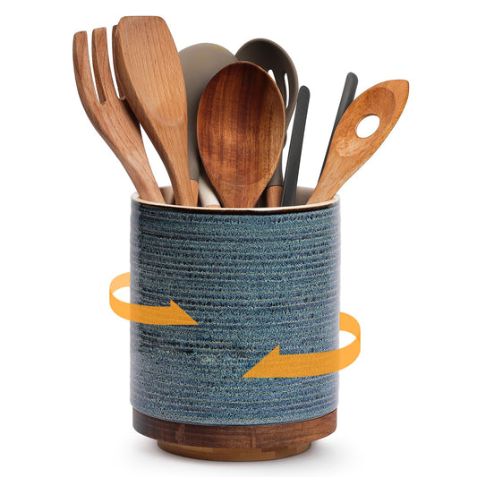 DOWAN Utensil Holder, 360° Rotating Large Kitchen Utensil Holder, Ceramic Utensil Holder for Countertop, Utensil Pot for Kitchen Decoration, Utensil Holder, Reactive Glaze Blue