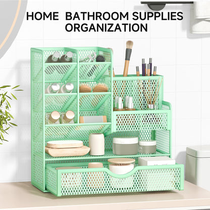 VITVITI Desk Organizer, 10 Compartments Pen Holder with Drawer, Metal Mesh Pen Stand, Desk Pen Holder for School Home Office (Green)