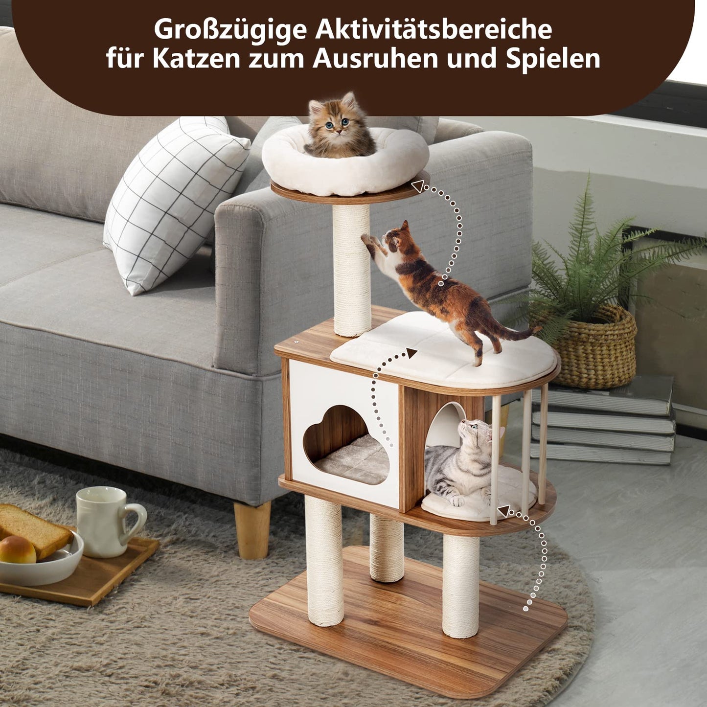 GYMAX Cat Tree Stable Cat Furniture Cat Scratching Post Climbing Tree for Cats Height 117 cm (Brown)