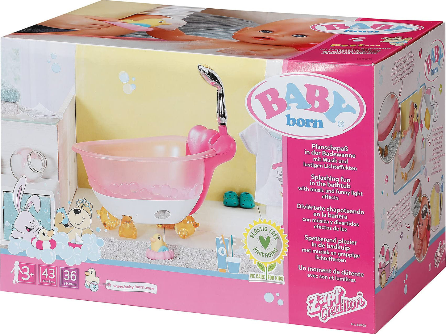 BABY born 831908 Bath Bathtub with light and sound effects, real water, and rubber duck, doll accessory for dolls up to 43 cm, Colorful