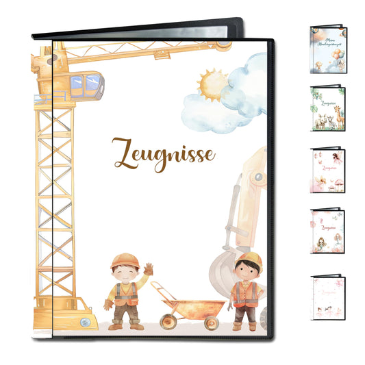 Minilino report folder with 20 premium transparent sleeves A4 size. Protect and store school reports in this document folder for elementary school documents | Folder for certificates (excavator)