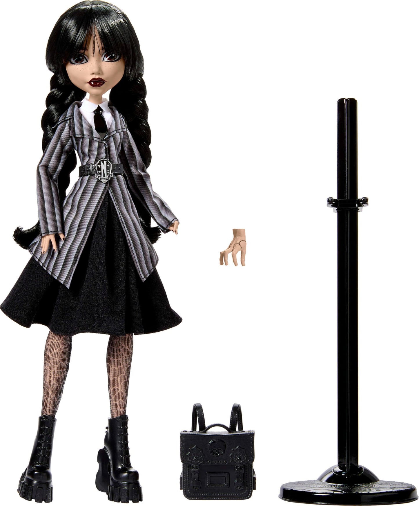 Monster High Wednesday doll and accessories, Wednesday Addams collectible figure in Nevermore Academy uniform with Ice Cold Hand and backpack, doll stand, HXJ04