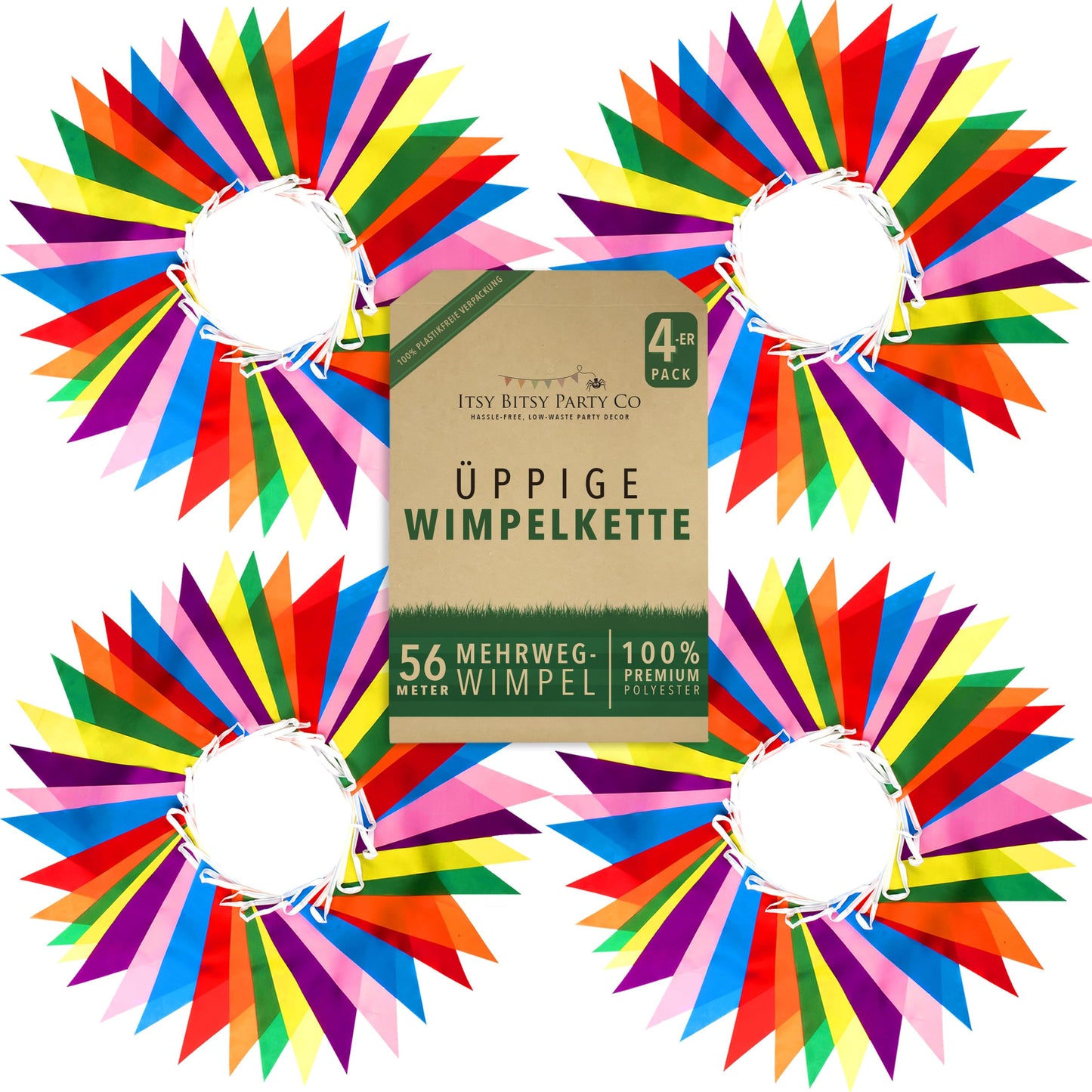 Premium Reusable Outdoor Weatherproof Bunting - Waterproof Fabric Garlands Outdoor Banner Party Decoration - Rainbow Bunting Birthday, Garden Party, Summer Party Decor (56m, 168 Large Flags)