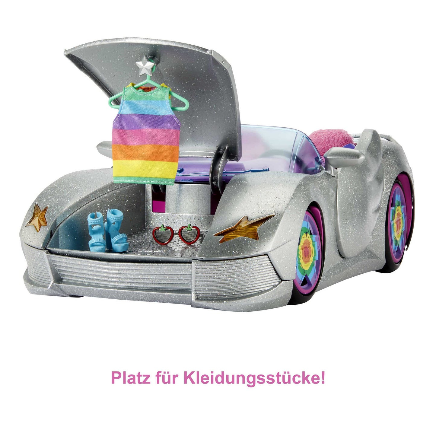 Barbie Extra Convertible Car in silver with moving wheels, includes accessories like clothing and pet, suitable for ages 3 and up. HDJ47.