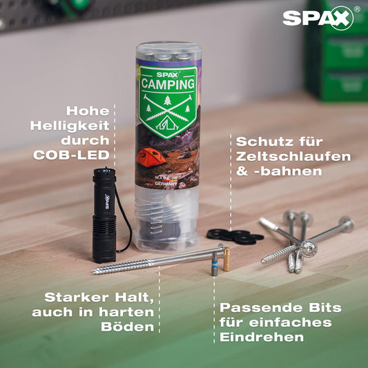 SPAX Camping set - 18 tent screws, 2 bits, 18 washers & flashlight, screw pegs for securing tent, awning, sail, canopy - 8000000294600