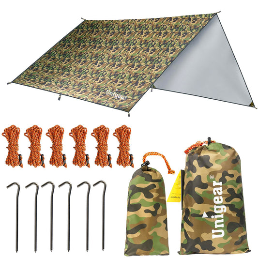 Unigear Tarp Rain Fly, waterproof tent tarp, lightweight, foldable, ideal for camping and protection against rain, snow, and sun.
