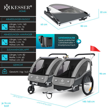 KESSER® child bicycle trailer Sport-RX 2in1 jogger & buggy with 5-point harness, safety belt, 360° front wheel, reflectors, suitable for 1-2 children (max. 40 kg), with cup holder & smartphone compartment.