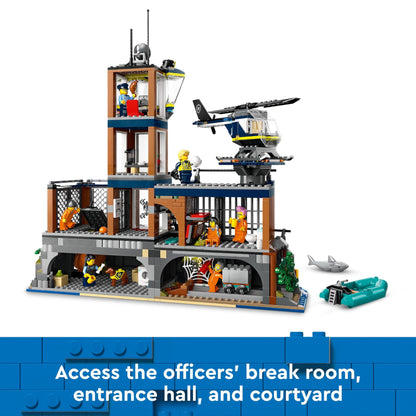 LEGO City Police Station on the Prison Island, police toy with helicopter & City Police Station with police car, garbage truck and helicopter.