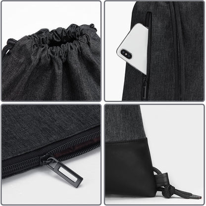LIVACASA gym bag, made of water-resistant material with leather accents, lined with inner pocket and keychain. Perfect for men and women, this black gymsack includes an outer pocket and money pouch.