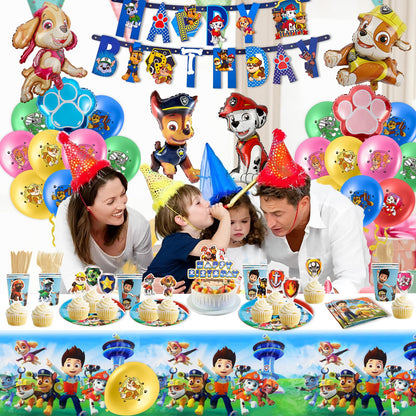 105-piece paper plate set for kids' birthday party with Paw Dog Patrol decoration - includes reusable cups, napkins, tablecloth, and partyware for 10 people.