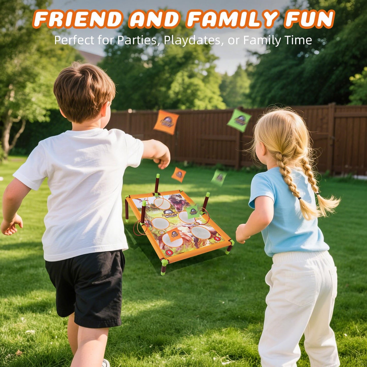 Cornhole game set with 6 bean bags and 3 balls, bean bag toss outdoor garden toy, portable 5-hole cornhole board toy for family kids outdoor activities (dinosaur).