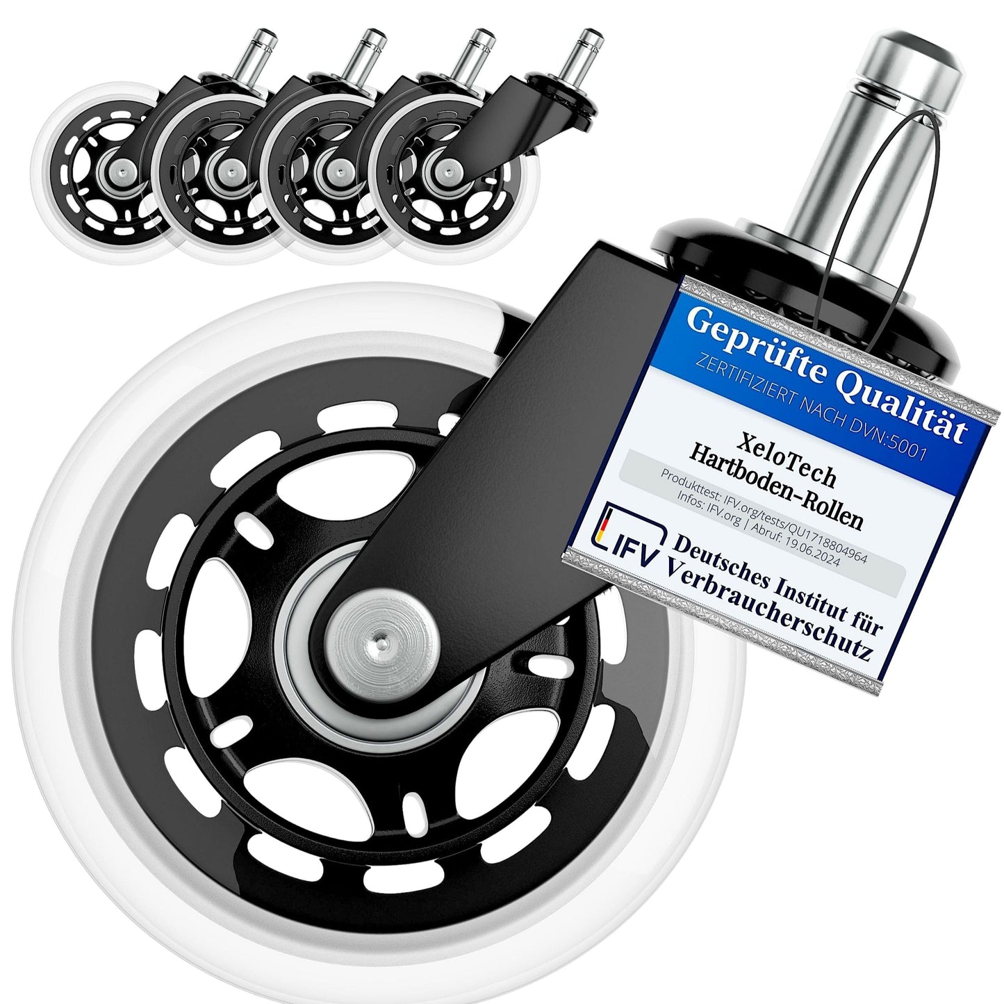 XeloTech Hard Floor Casters for Office Chair, 5 Pack, 11mm x 22mm, Extremely Quiet Replacement Wheels - No More Chair Mat - No Scratches on Floor with These Premium Casters