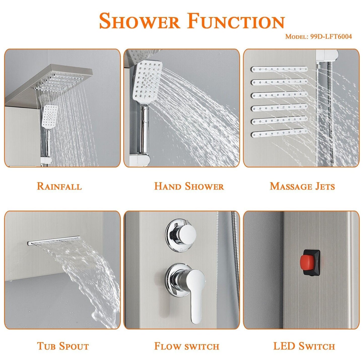 Shower panel with faucet, rain shower, bathtub faucet, shower column, shower system, shower set, brushed nickel LED stainless steel 304 with 4 shower functions.