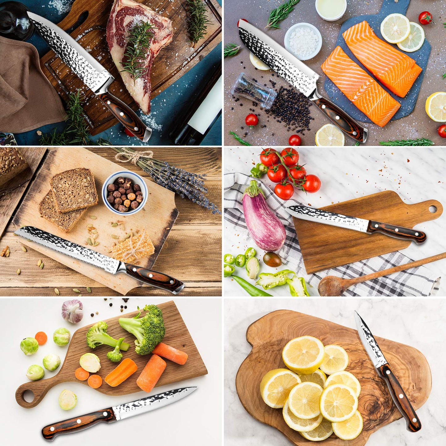 HOBO knife set, 15-piece knife block set, kitchen knife set with Santoku knife, chef's knife, bread knife, paring knife, steak knife, sharpener, Japanese stainless steel blades, water ripple texture, colored wooden handle.